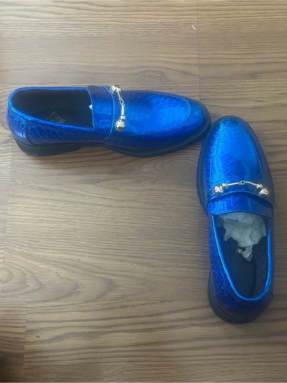 Men's Shiny Blue Slip-On Loafers with Gold Bit Detail